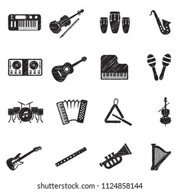 Music Instruments Icons. Black Scribble Design. Vector Illustration.