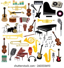 Music Instruments Icons Collection, Piano, Trumpet, Saxophone, Violin And Guitar Etc (vector Art)