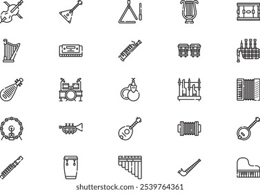 Music instruments icons collection is a vector illustration with editable stroke.