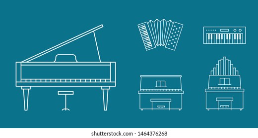 Music instruments Icons set - Vector outline symbols of piano, accordion, bayan and synthesizer for the site or interface