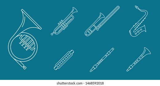 Music instruments Icons set - Vector outline symbols of wind instruments, saxophone, sax, tube, mouth organ and flute for the site or interface