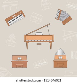 Music instruments Icons set - Vector color symbols and outline of piano, accordion, bayan and synthesizer for the site or interface