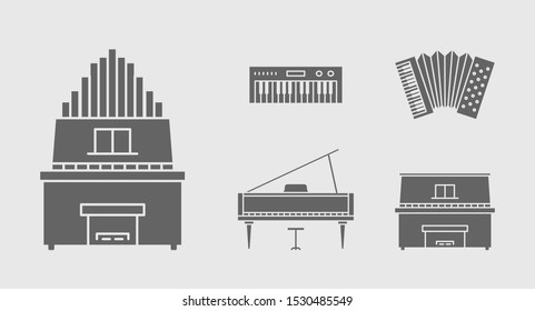 Music instruments Icons set - Vector solid silhouettes of piano, accordion, bayan and synthesizer for the site or interface