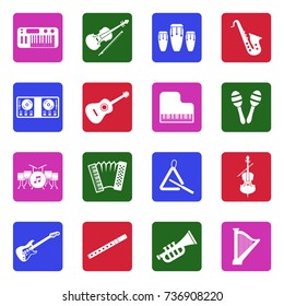 Music Instruments Icons. White Flat Design In Square. Vector Illustration. 