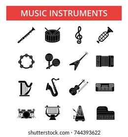 Music instruments illustration, thin line icons, linear flat signs, vector symbols, outline pictograms set, editable strokes