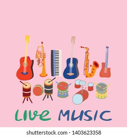 Music instruments with lettering lvie music on pink background. Rock, jazz concert, vector design brochures, flyers or cards. Musical instruments and lettering composition. Vector