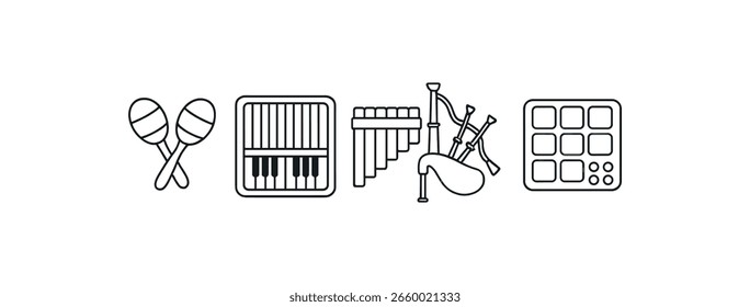 Conjunto de ícones de linha de instrumentos musicais. maracas, teclado, flauta pan, coleção de gaita de fole