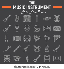 Music instruments line icon set, audio symbols collection, musical tools vector sketches, logo illustrations, signs linear pictograms package isolated on black background, eps 10.