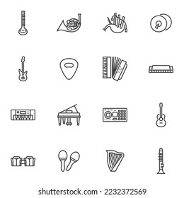 Music instruments line icons set, outline vector symbol collection, linear style pictogram pack. Signs, logo illustration. Set includes icons as electric guitar, piano, trumpet, harp, percussion drum