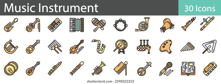 Music Instruments Line Icons Set. Collection of 30 outline icons representing musical instruments, sound equipment, and performance tools. Editable stroke vector illustration.