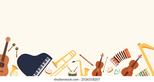 Music instruments long banner with piano, violin, guitar,saxophone,harp,horn. Music background.Vector illustration.