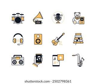 Music, instruments and melody - line design style icons set with editable stroke. Drum set, gramophone, player and headphones, loudspeaker, electric guitar, xylophone, boombox, smartphone and digital