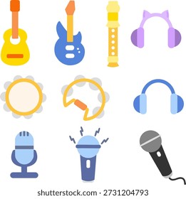 Instrumentos de música y micrófono conjunto de iconos en estilo de Vector plano lindo
