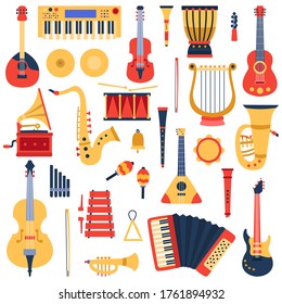 Music instruments. Musical classical instruments, guitars, saxophone, drum and violin, jazz band music instruments vector illustration icons set. Drum and trumpet, tambourine and sound classic