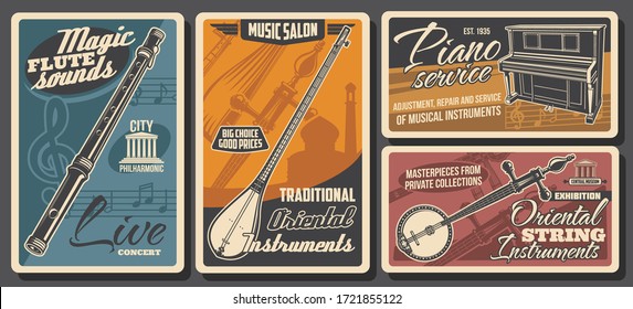 Music instruments, musical store or shop vector retro posters. Piano adjustment and repair service, Oriental Asian string folk musical instruments philharmonic orchestra and flute live concert