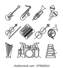 Music instruments or musical instruments thin black line icons on white background. Guitar, accordion, violin and percussion and harp vector icons.