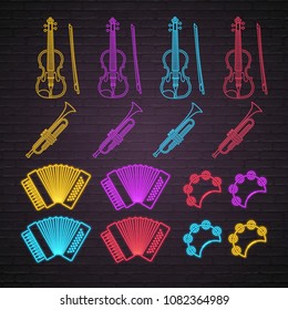 Music Instruments Neon light Glowing Vector Illustration Violin, Trumpet, Accordion, Tambourine Icons Bright