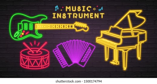 Music Instruments Neon Light Glowing Piano, Accordion, Guitar and Drum Music Instrument Icons. Dark Background Music Elements