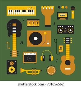 music instruments object yellow icons vector illustration flat design