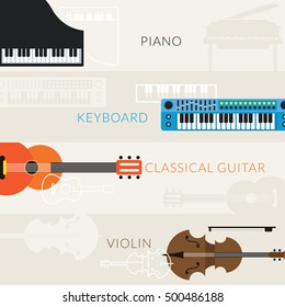 Music Instruments Objects Banner Background, Piano, Keyboard, Classical Guitar, Violin