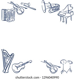 Music Instruments Objects Frame, Line Design, Festival, Event, Live, Concert, sheet music, double bass, harp, trumpet, cello, violin
