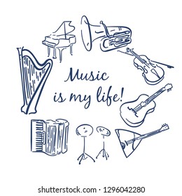 Music Instruments Objects Frame, Line Design, Festival, Event, Live, Concert. sheet music, double bass, harp, trumpet, cello, violin. Music is my life