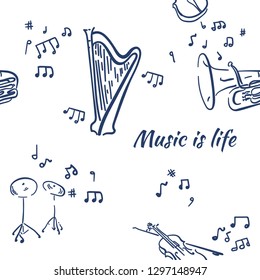 Music Instruments Objects Frame, Line Design, Festival, Event, Live, Concert. sheet music, double bass, harp, trumpet, cello, violin