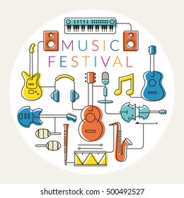 Music Instruments Objects Label, Line Design, Festival, Event, Live, Concert