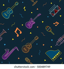 Music Instruments Objects Seamless Pattern, Line Design, Festival, Event, Live, Concert
