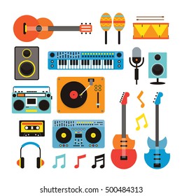 Music Instruments Objects Set, Flat Design Symbol and Icons Vector