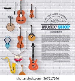 Music instruments on white modern brick wall concept. Icons design for your product or design, web and mobile applications. Vector flat with long shadow illustration background
