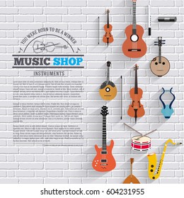 Music instruments on white modern brick wall concept. Icons design for your product or design, web and mobile applications. Vector flat with long shadow illustration background