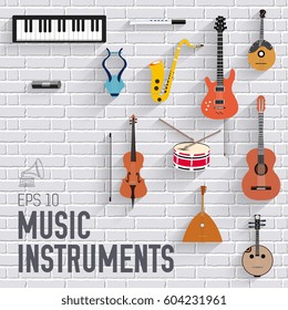 Music instruments on white modern brick wall concept. Icons design for your product or design, web and mobile applications. Vector flat with long shadow illustration background
