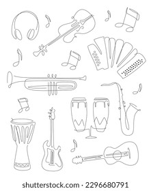 Instrumentos musicales de un conjunto de líneas ilustraciones con notas. El arte de la línea de instrumentos de la banda de música jazz y rock. Diseño vectorial de iconos de guitarra y violín. 
