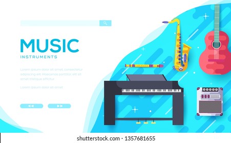 Music instruments online store landing page template. Jazz festival vector web banner design. Classics, rock concert flat website homepage. Acoustic guitar, piano cartoon illustration with text space