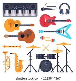 Music instruments. Orchestra drum, piano synthesizer and acoustic guitars. Jazz band musical instrument, headphones or instrumentation classical music flat isolated icons vector set