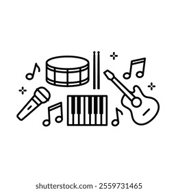 Music instruments outline elements. Template for banner, poster, flyer, print. Isolated vector illustration