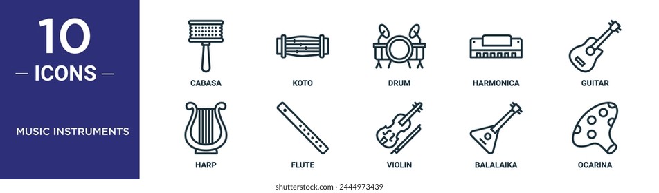 music instruments outline icon set includes thin line cabasa, koto, drum, harmonica, guitar, harp, flute icons for report, presentation, diagram, web design