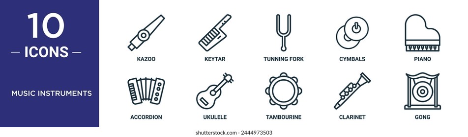 music instruments outline icon set includes thin line kazoo, keytar, tunning fork, cymbals, piano, accordion, ukulele icons for report, presentation, diagram, web design