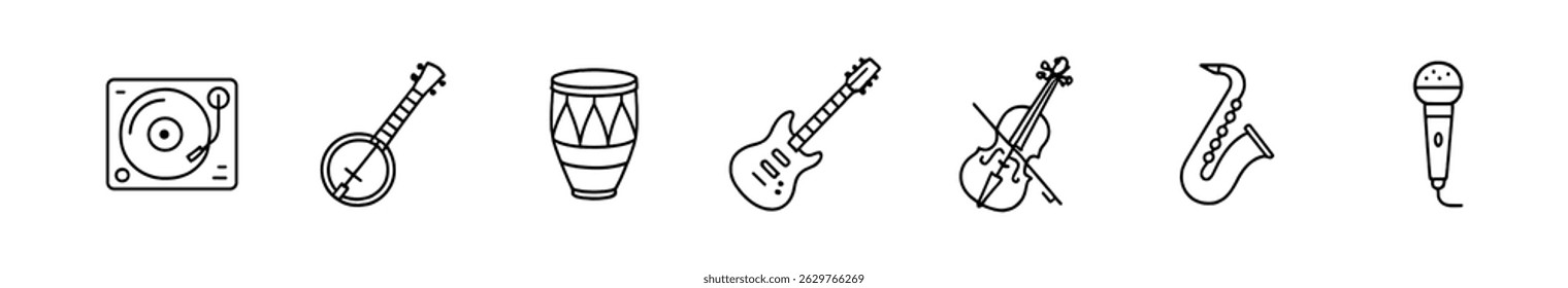 Music instruments outline icon set - guitar, drum, and violin symbols