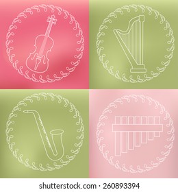 Music instruments outline icons. Vector illustration.