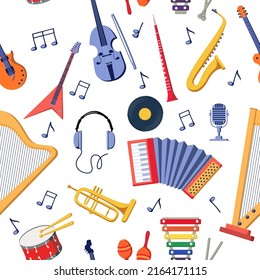 Music instruments pattern. Background with musical notes and orchestra equipment. Maraca or piano. Electric guitar. Cartoon violin and trumpet. Percussion drum. Seamless vector print