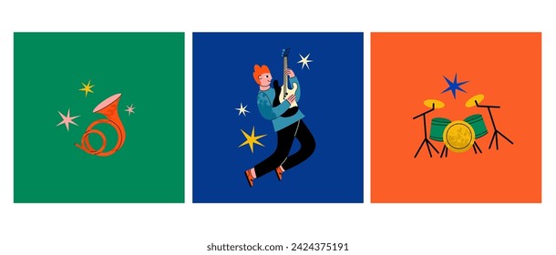 Music instruments and people. Man playing on guitar. Trumpet and drums. Abstract music. Square cards design. Jazz festival banner. Concert flyer. Cartoon flat isolated vector illustration set