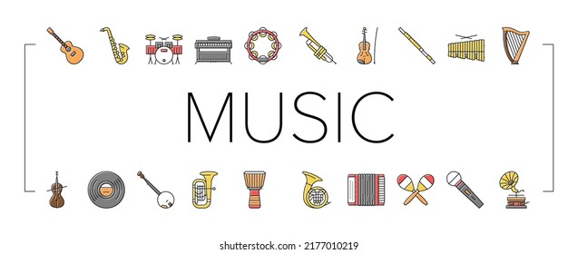 Music Instruments Performance Icons Set Vector. Saxophone And Trumpet, Guitar And Violin, Tambourine And Accordion Music Instrument Line. Gramophone And Vinyl For Listen Song Color Illustrations