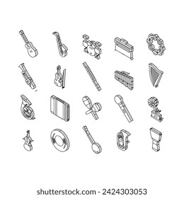 Music Instruments Performance isometric icons set. Saxophone And Trumpet, Guitar And Violin, Tambourine And Accordion Music Instrument Line. Gramophone And Vinyl For Listen Song Color .
