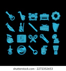 Music Instruments Performance neon light sign vector. Saxophone And Trumpet, Guitar And Violin, Tambourine And Accordion Music Instrument Line. Gramophone And Vinyl For Listen Song Illustrations