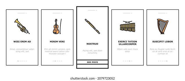 Vector de pantalla de la aplicación móvil de rendimiento de Music Instruments Onboarding. Saxofón Y Trompeta, Guitarra Y Violin, Tambourine Y Acacordeón Instrumento De Música. Ilustraciones Gramófonas Y Vinil