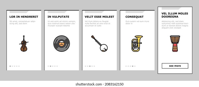 Music Instruments Performance Onboarding Mobile App Page Screen Vector. Saxophone And Trumpet, Guitar And Violin, Tambourine And Accordion Music Instrument. Gramophone And Vinyl Illustrations