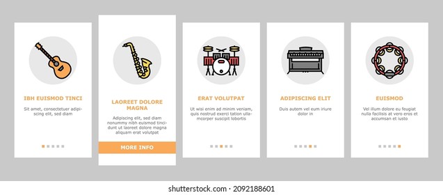 Music Instruments Performance Onboarding Mobile App Page Screen Vector. Saxophone And Trumpet, Guitar And Violin, Tambourine And Accordion Music Instrument. Gramophone And Vinyl Illustrations