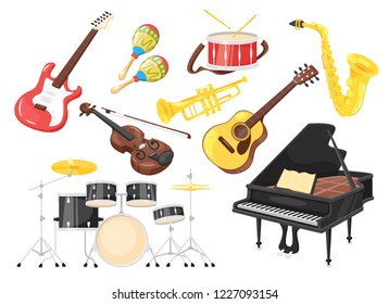 Music instruments for performance: piano, violin, drum. Cartoon style, vector illustration isolated on white background.